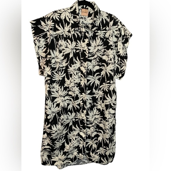 (nude) Italy Button Front Short Sleeve Tropical Black Cream Shirt Dress 44/US 8 - Picture 10 of 13